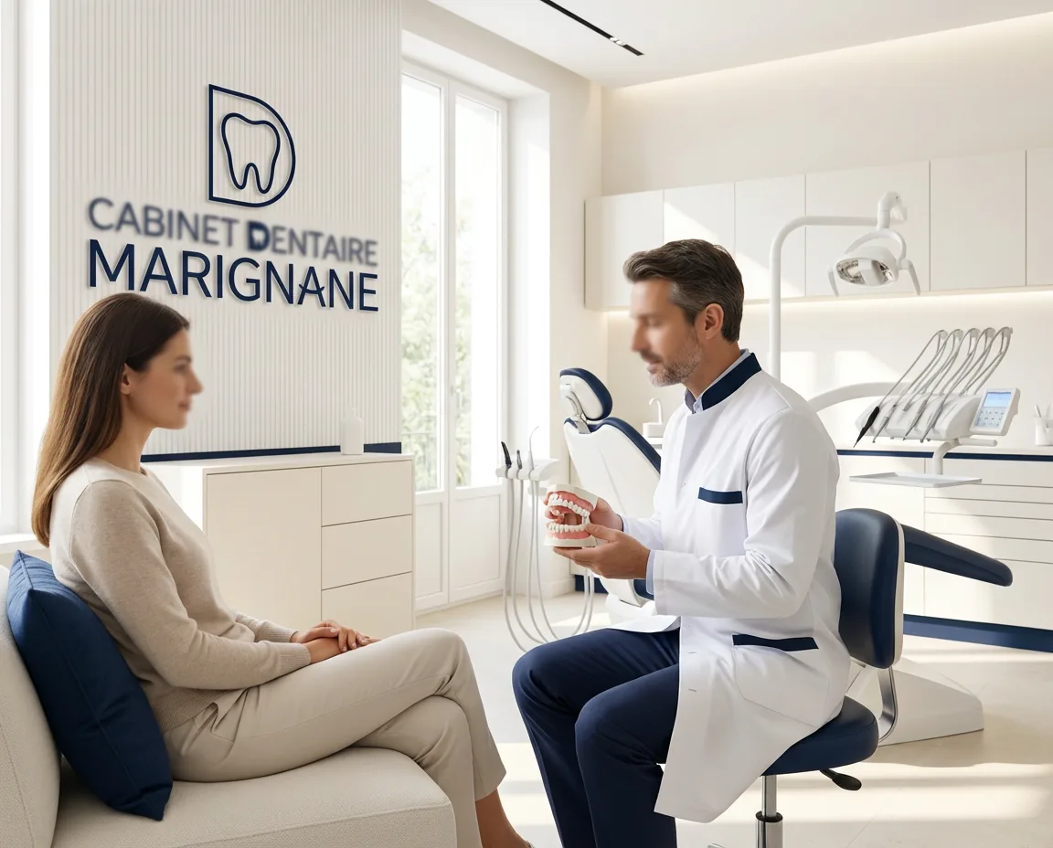 Schéma d'un implant dentaire : racine artificielle, pilier et couronne